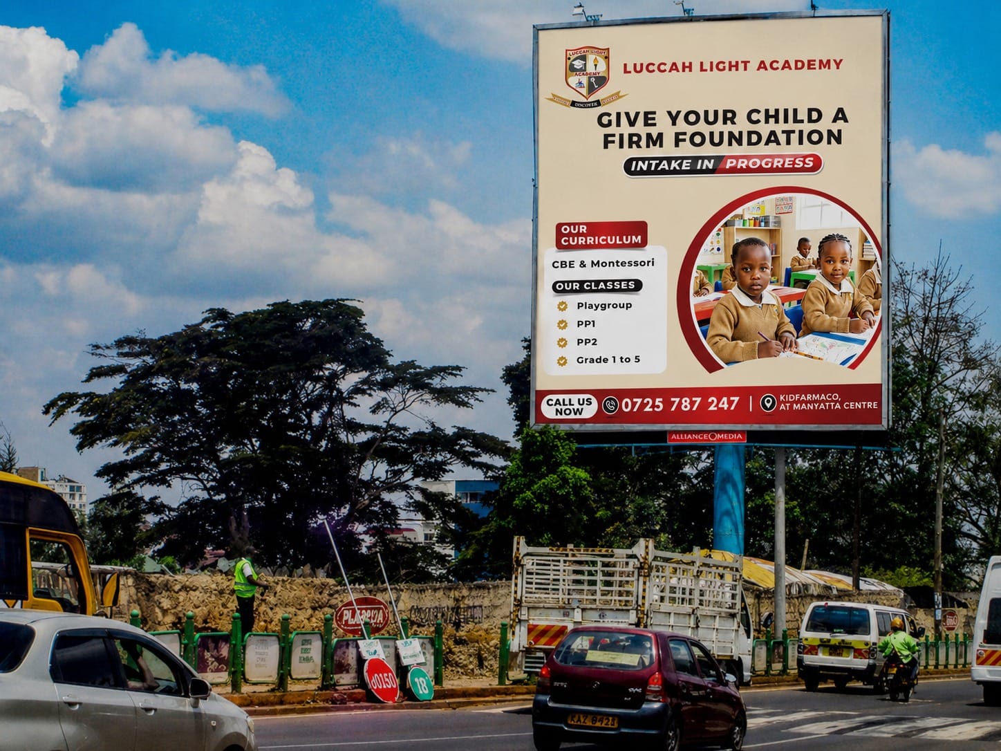 Luccah Light Academy roadside billboard advertising ongoing admissions for playgroup through Grade 5.