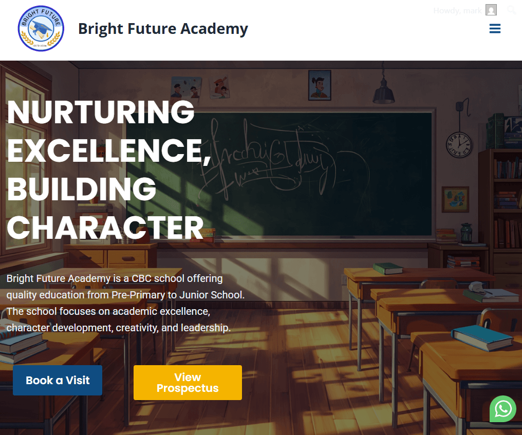 Bright Future Academy website homepage featuring an empty classroom and links to book a visit or view the prospectus.