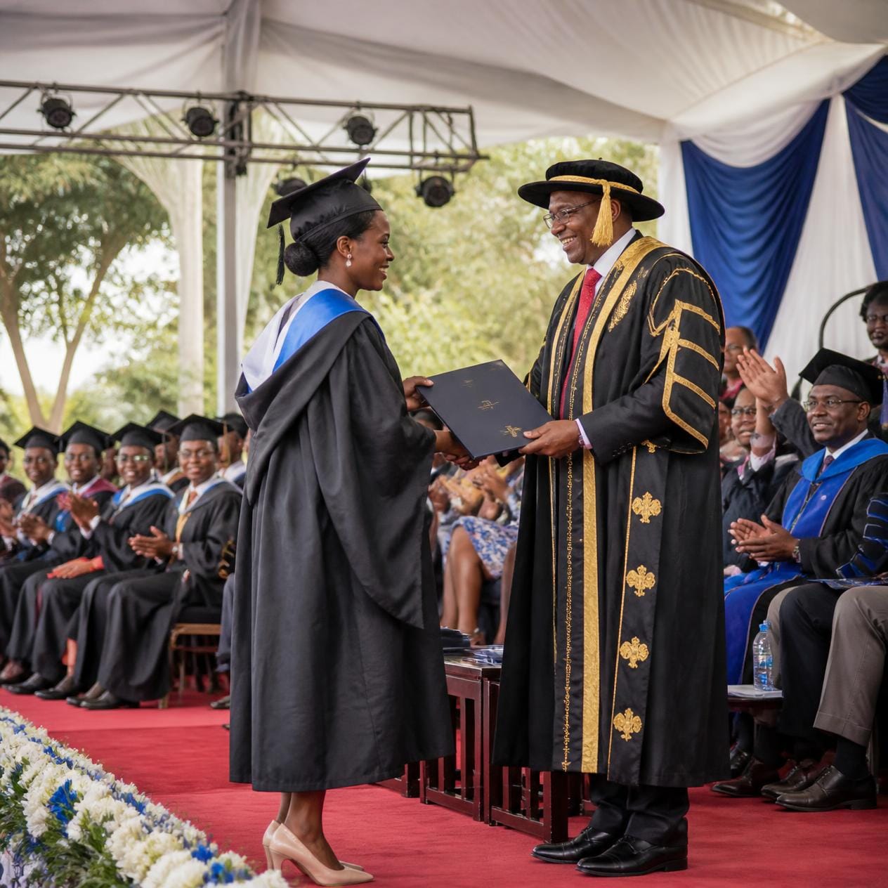 Graduate receiving a certificate from a university official during a graduation ceremony.