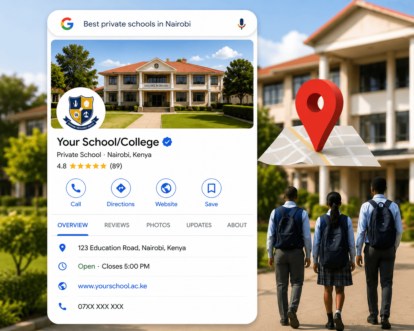 Illustration of a Google Business Profile for a private school in Nairobi, showing the school’s rating, contact buttons, location, website, operating hours, and directions, alongside students walking toward a modern school campus and a large map pin symbol.
