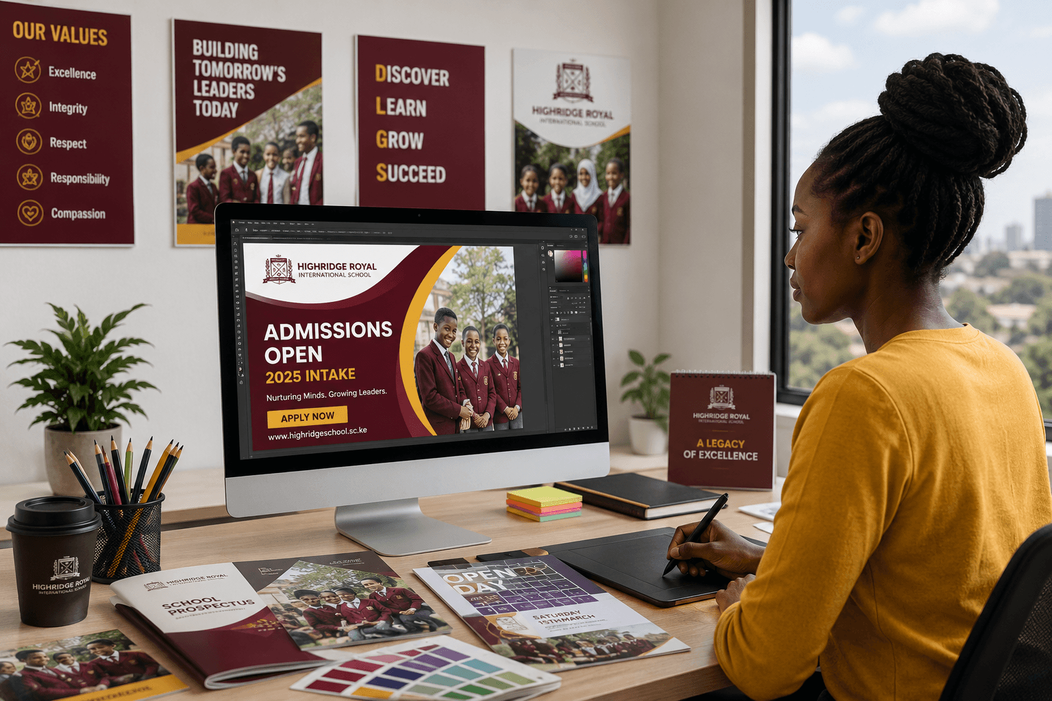 Designer creating a Highridge Royal International School admissions campaign, surrounded by branded posters, brochures, and colour samples.