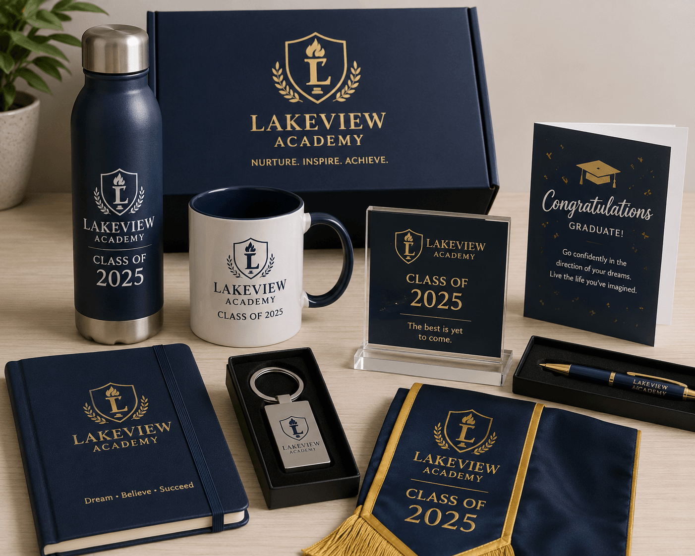 Lakeview Academy Class of 2025 graduation gift set, including a bottle, mug, notebook, keyring, pen, stole, and congratulatory card.