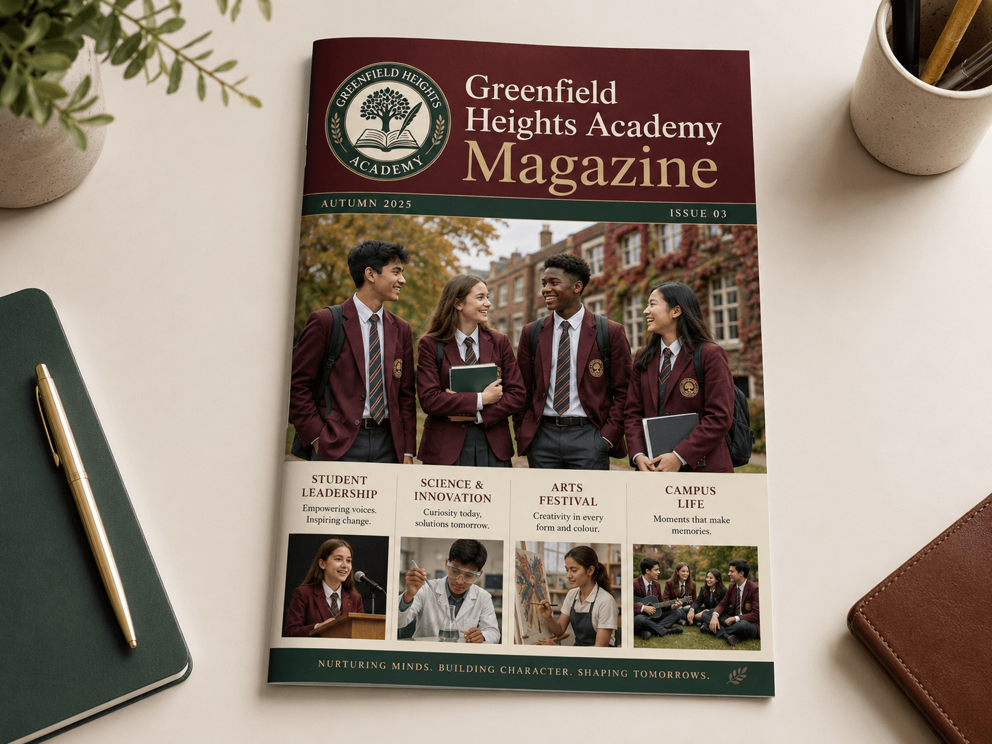 Greenfield Heights Academy magazine cover featuring uniformed students and stories about leadership, science, arts, and campus life.