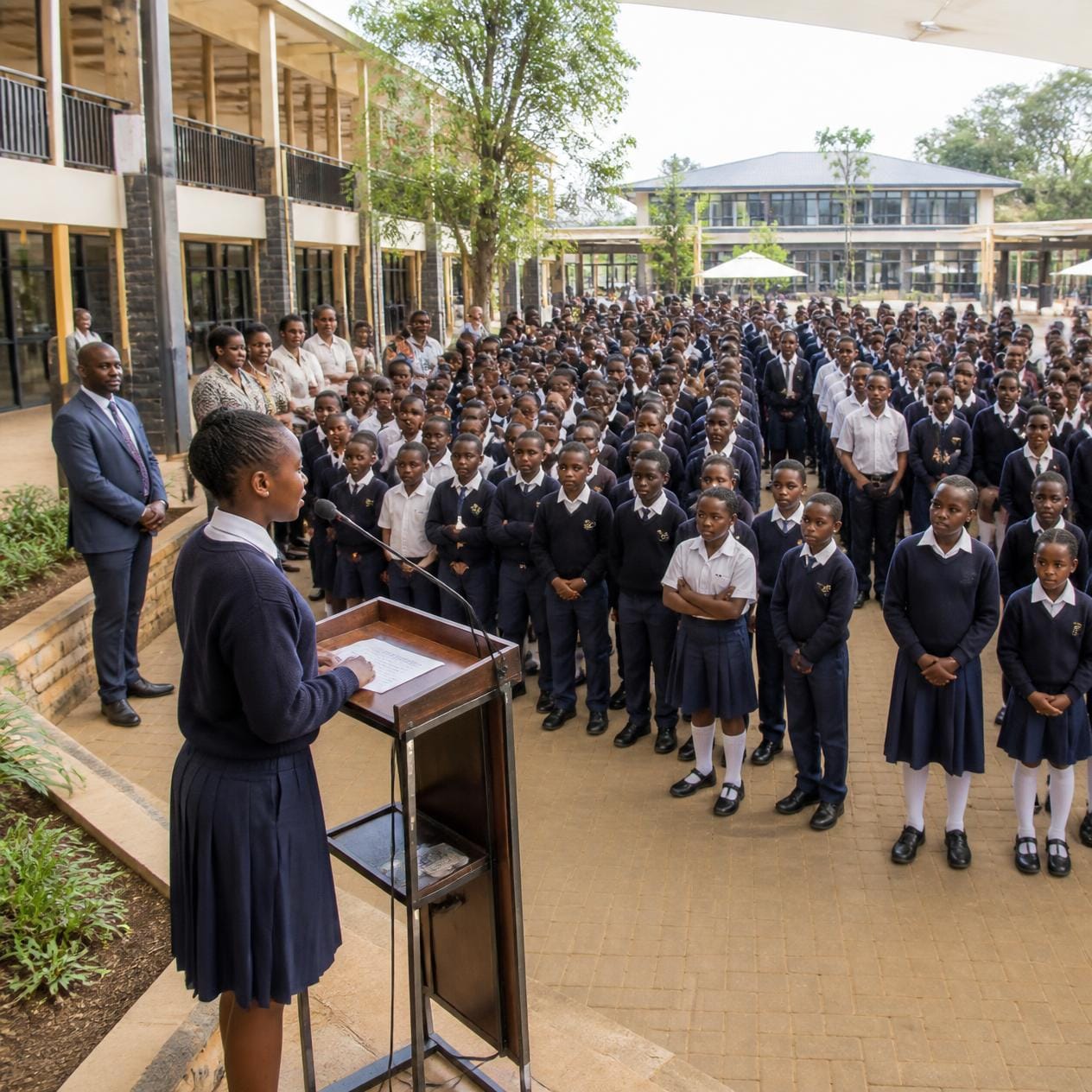 Student speaking at a podium to a large outdoor assembly of uniformed pupils and staff.