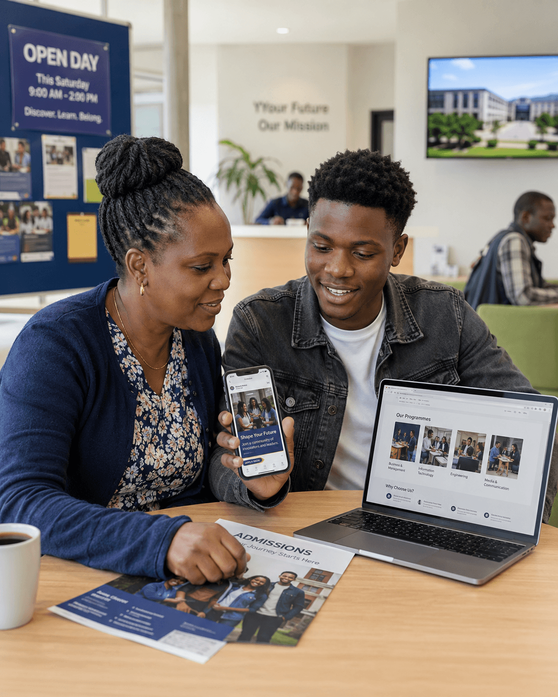 Admissions adviser and prospective student reviewing a college website, social media post, and printed admissions brochure during an open day.