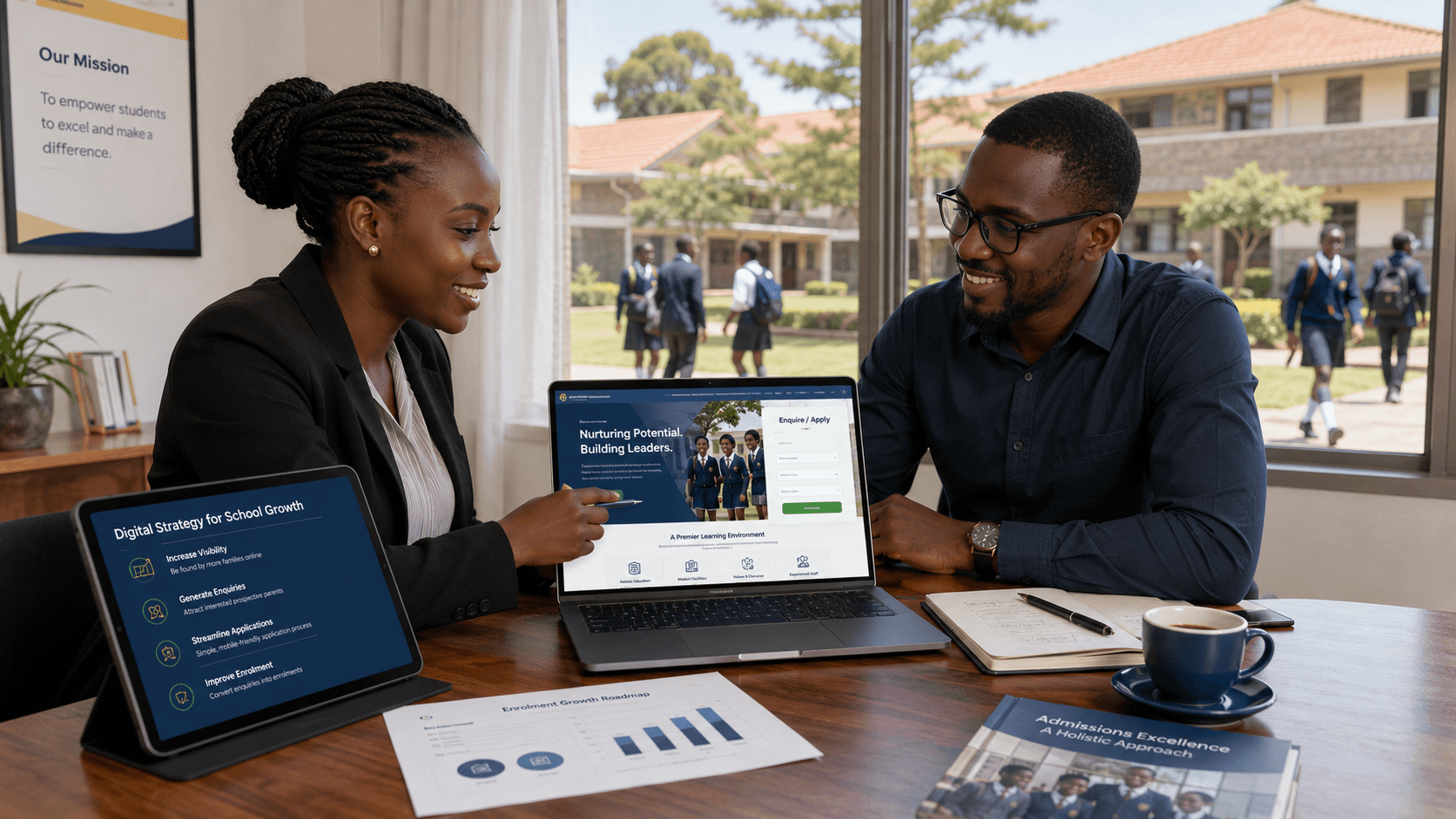 Education consultant presenting a school website and digital enrollment strategy to a school administrator, with students visible outside.
